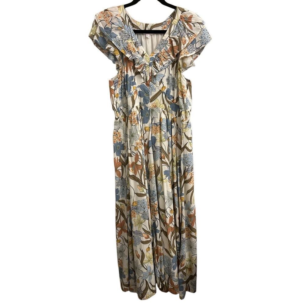 Lauren Conrad Floral Midi Flatter Sleeves dress sz L boho cottagecore